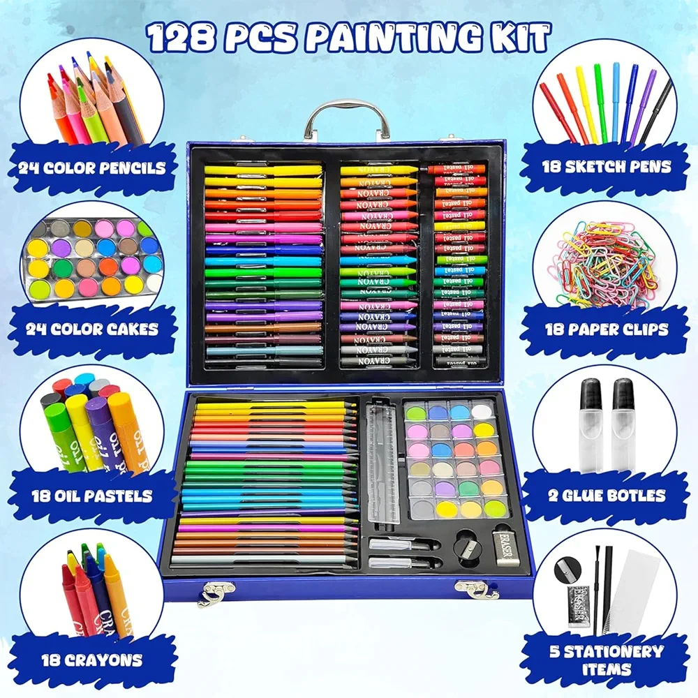 128 Pieces Drawing Kit for Kids Coloring set with Watercolor, Oil Pastel, Colored Pencil Sketches & Acrylic Painting Art Set for Kids, Boy and Girls