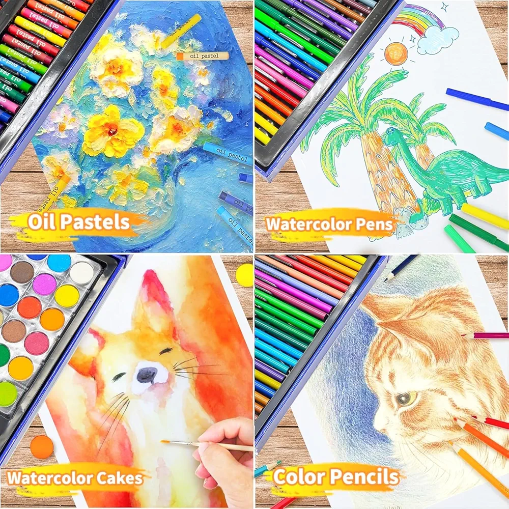 128 Pieces Drawing Kit for Kids Coloring set with Watercolor, Oil Pastel, Colored Pencil Sketches & Acrylic Painting Art Set for Kids, Boy and Girls