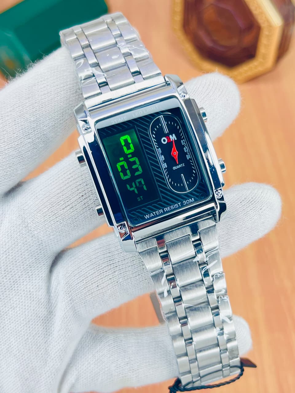 Sliver White Dual Display Men's Watch | Analog + Digital LED | Stainless Steel
