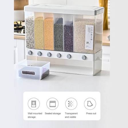 Rice Dispenser, Wall Mounted 6 Grid Dry Food Dispenser Large Cereal Dry Food Storage Containers for Storage Rice Grains Nuts Beans Candy Laundry Dispenser, for Kitchen Pantry