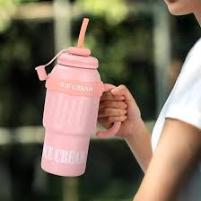 Stainless Steel Cute Ice Cream Tumbler Water Bottle With Straw And Handle 1000ml