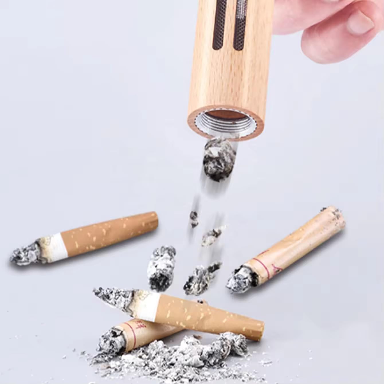 Wooden Car Ashtray, Mini Portable Handheld Ash Holder with Anti-Soot Flying Cover for Driving & Office Use 