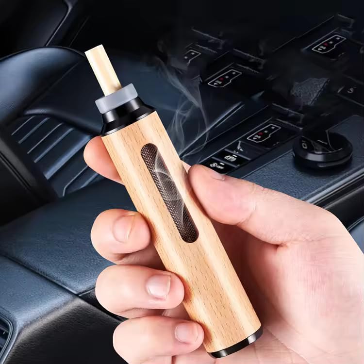 Wooden Car Ashtray, Mini Portable Handheld Ash Holder with Anti-Soot Flying Cover for Driving & Office Use 