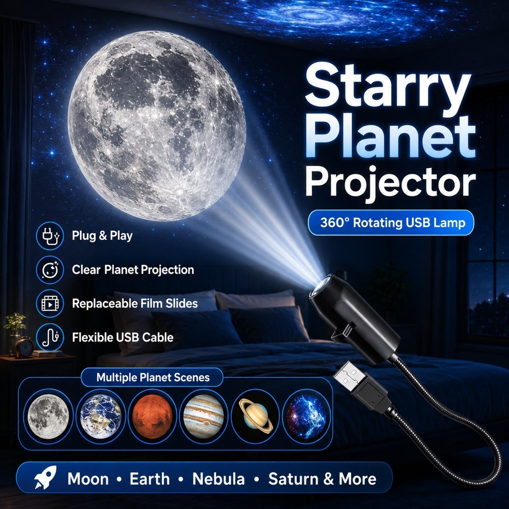 LED Planet Projector Lamp, Featuring Planets with Interchangeable Images, 360° Rotating