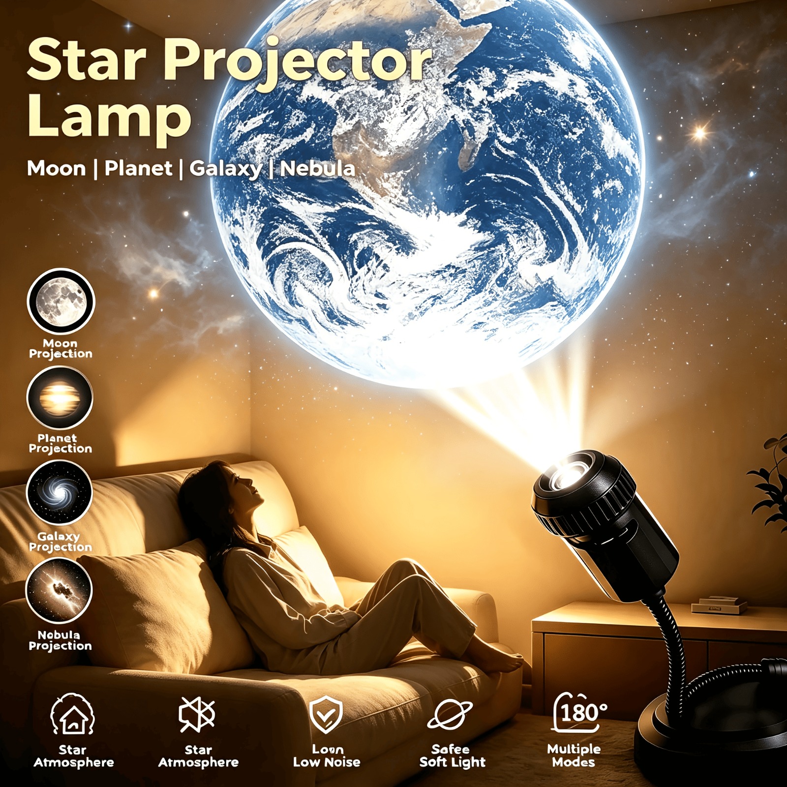 LED Planet Projector Lamp, Featuring Planets with Interchangeable Images, 360° Rotating